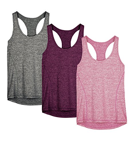 icyzone Damen Sporttop Yoga Tank Top Ringerrücken Oberteil Laufen Fitness Funktions Shirt, 3er Pack (L, Charcoal/Red Bud/Pink) von icyzone