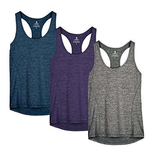 icyzone Damen Sporttop Yoga Tank Top Ringerrücken Oberteil Laufen Fitness Funktions Shirt, 3er Pack (M, Royal Blue/Purple/Charcoal) von icyzone