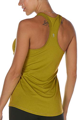 icyzone Damen Sport Top Fitness Yoga Shirt Ringerrücken atmungsaktives Sportoberteile Funktionsshirt (L, Mustard) von icyzone