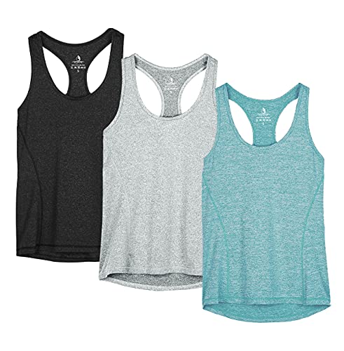 icyzone Damen Sporttop Yoga Tank Top Ringerrücken Sport Oberteil Laufen Fitness Funktions Shirt, 3er Pack (3XL, Black/Granite/Green) von icyzone