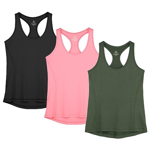 icyzone Damen Sporttop Yoga Tank Top Ringerrücken Sport Oberteil Laufen Fitness Funktions Shirt, 3er Pack (3XL, Solid Black/Pale Pink/Dark Green) von icyzone