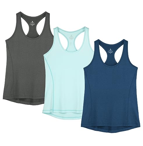 icyzone Damen Sporttop Yoga Tank Top Ringerrücken Sport Oberteil Laufen Fitness Funktions Shirt, 3er Pack (L, Dark Grey/True Navy/Aqua) von icyzone