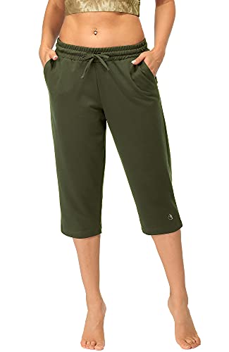 icyzone Damen Jogginghose 3/4 Sporthose Trainingshose Straight Bein Freizeit Hose mit Tasche (L, Dunkelgrün) von icyzone