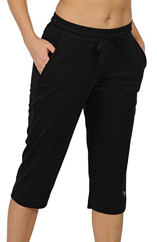 icyzone Damen Jogginghose 3/4 Sporthose Trainingshose Straight Bein Freizeit Hose mit Tasche (L, Schwarz) von icyzone