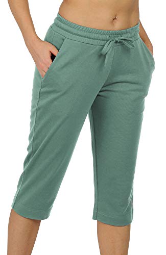 icyzone Damen Jogginghose 3/4 Sporthose Trainingshose Straight Bein Freizeit Hose mit Tasche (M, Blasses grün) von icyzone