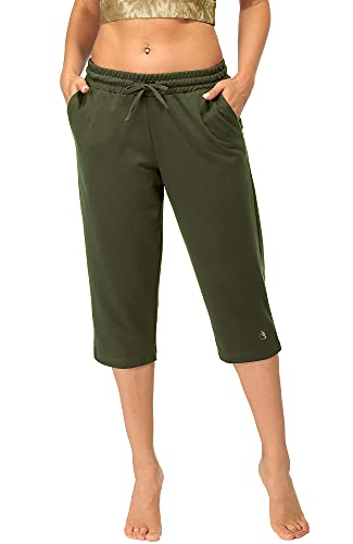 icyzone Damen Jogginghose 3/4 Sporthose Trainingshose Straight Bein Freizeit Hose mit Tasche (M, Dunkelgrün) von icyzone