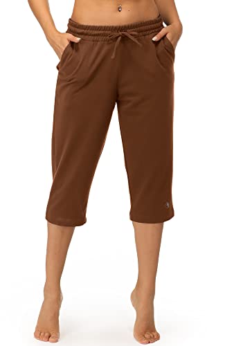 icyzone Damen Jogginghose 3/4 Sporthose Trainingshose Straight Bein Freizeit Hose mit Tasche (M, Copper Brown) von icyzone