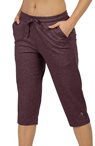 icyzone Damen Jogginghose 3/4 Sporthose Trainingshose Straight Bein Freizeit Hose mit Tasche (S, Burgundy) von icyzone