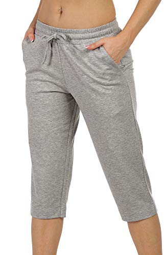 icyzone Damen Jogginghose 3/4 Sporthose Trainingshose Straight Bein Freizeit Hose mit Tasche (S, Grau) von icyzone