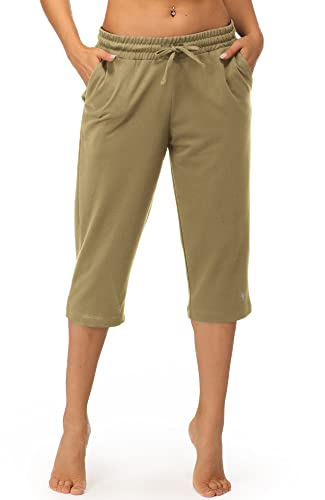 icyzone Damen Jogginghose 3/4 Sporthose Trainingshose Straight Bein Freizeit Hose mit Tasche (S, Khaki) von icyzone