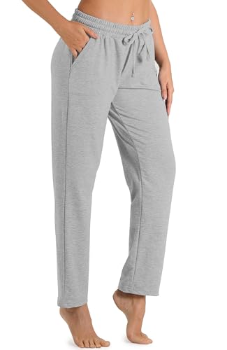 icyzone Damen Jogginghose Sweathose Lang Sporthose Freizeithose geradem Bein Hose mit Tunnelzug (S, Hellgrau) von icyzone