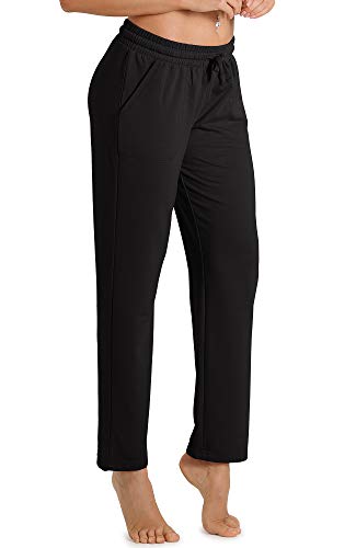 icyzone Damen Jogginghose Sweathose Lang Sporthose Freizeithose geradem Bein Hose mit Tunnelzug (M, Schwarz) von icyzone