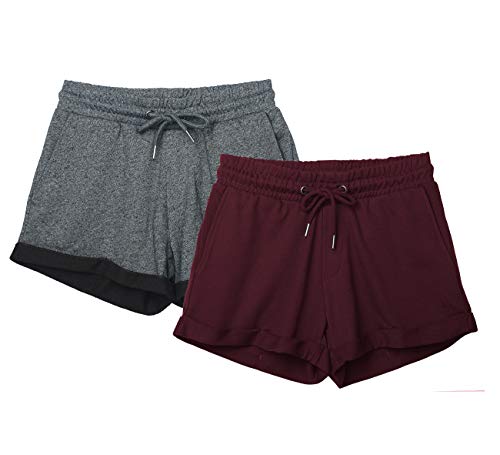 icyzone Damen Shorts Kurze Sporthose Jogginghose Atmungsaktiv Laufshorts Gym Fitness Shorts 2er Pack (S, Charcoal/Wine) von icyzone