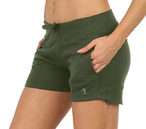 icyzone Damen Sweatshorts Kurze Hose Jogginghose Sport Laufen Shorts mit Taschen (L, Dunkelgrün) von icyzone