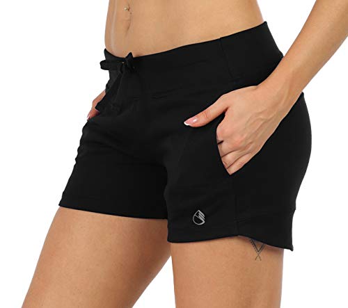 icyzone Damen Sweatshorts Kurze Hose Jogginghose Sport Laufen Shorts mit Taschen (L, Schwarz) von icyzone