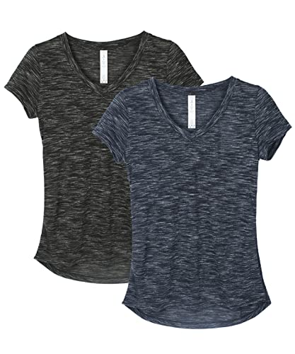 icyzone Damen T-Shirt Kurzarm V-Ausschnitt Yoga Tops Casual Sport Shirt, 2er Pack (XL, Black/Navy) von icyzone