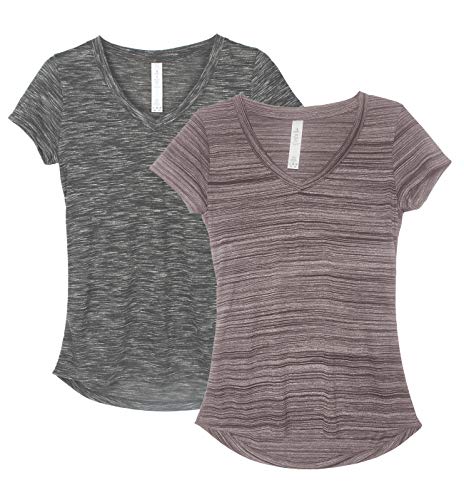 icyzone Damen T-Shirt Kurzarm V-Ausschnitt Yoga Tops Casual Sport Shirt, 2er Pack (XL, Charcoal/Burgundy) von icyzone