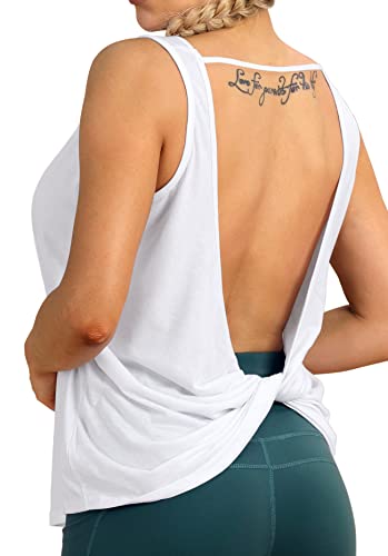 icyzone Damen Sport Tops Rückenfrei - Ärmellose Yoga Gym Oberteil Shirt Fitness Tank Top (L, White) von icyzone