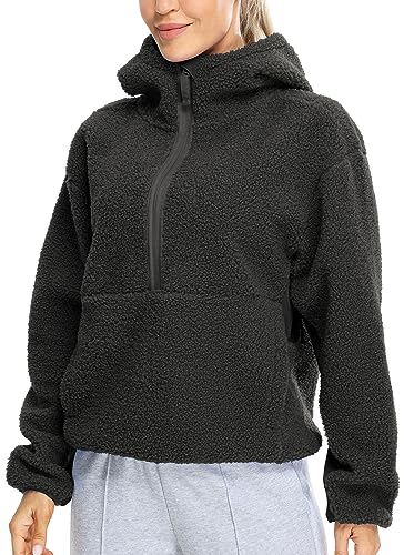 icyzone Damen Teddy Fleece Hoodie Sherpa Kapuzenpullover Herbst Winter Warm Pullover Casual Sweatshirt (Black, L) von icyzone