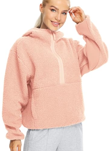 icyzone Damen Teddy Fleece Hoodie Sherpa Kapuzenpullover Herbst Winter Warm Pullover Casual Sweatshirt (Nude Pink, XL) von icyzone