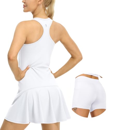 icyzone Damen Tenniskleid mit Shorts Golf Sport Kleider Ärmellos Racerback Sportliche Trainingskleid (S, White) von icyzone