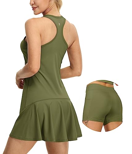 icyzone Damen Tenniskleid mit Shorts Golf Sport Kleider Ärmellos Racerback Sportliche Trainingskleid (L, Army) von icyzone