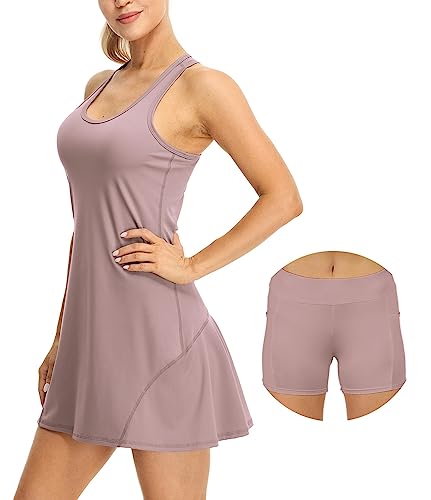 icyzone Damen Tenniskleid mit Shorts Golf Sport Kleider Ärmellos Racerback Sportliche Trainingskleid (L, Mauve) von icyzone