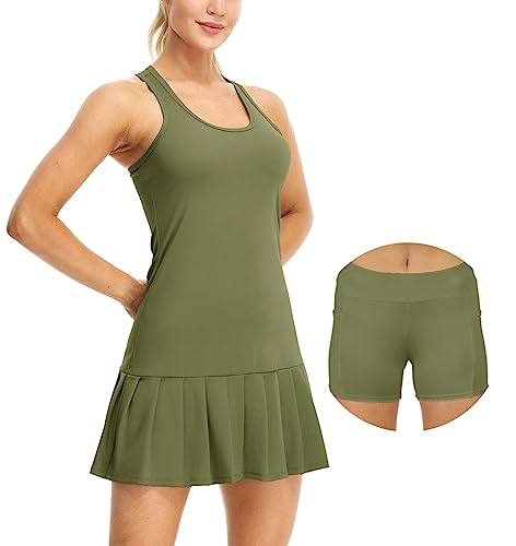 icyzone Damen Tenniskleid mit Shorts Sportkleider Freizeit Golf Falten Kleider Racerback Sportlich Trainingskleid (L, Army) von icyzone