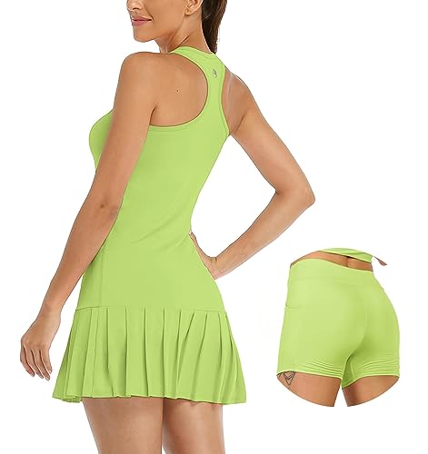 icyzone Damen Tenniskleid mit Shorts Sportkleider Freizeit Golf Falten Kleider Racerback Sportlich Trainingskleid (L, Grass Green) von icyzone