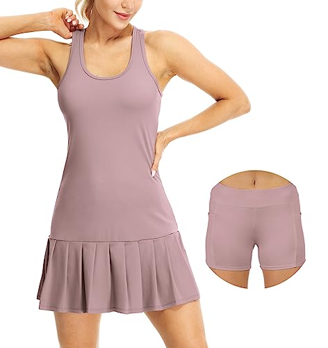 icyzone Damen Tenniskleid mit Shorts Sportkleider Freizeit Golf Falten Kleider Racerback Sportlich Trainingskleid (L, Mauve) von icyzone