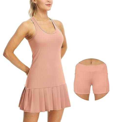 icyzone Damen Tenniskleid mit Shorts Sportkleider Freizeit Golf Falten Kleider Racerback Sportlich Trainingskleid (L, Pale Blush) von icyzone