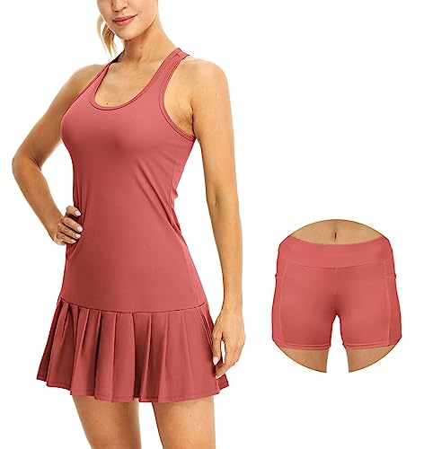 icyzone Damen Tenniskleid mit Shorts Sportkleider Freizeit Golf Falten Kleider Racerback Sportlich Trainingskleid (M, Burgundy) von icyzone