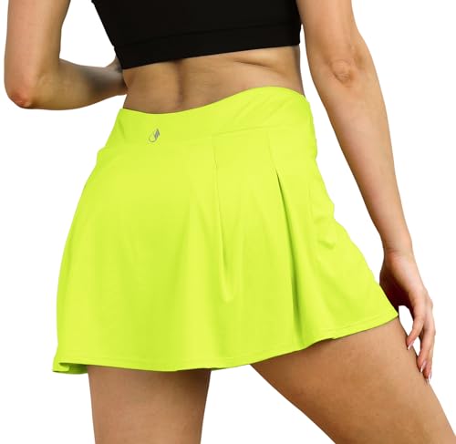 icyzone Damen Tennisrock Sportrock Hohe Taille Tennis Skort mit Taschen Laufröcke Golfrock mit Innenhose (L, Neon Yellow*) von icyzone