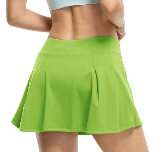 icyzone Damen Tennisrock Sportrock Hohe Taille Tennis Skort mit Taschen Laufröcke Golfrock mit Innenhose (S, Lime Green*) von icyzone