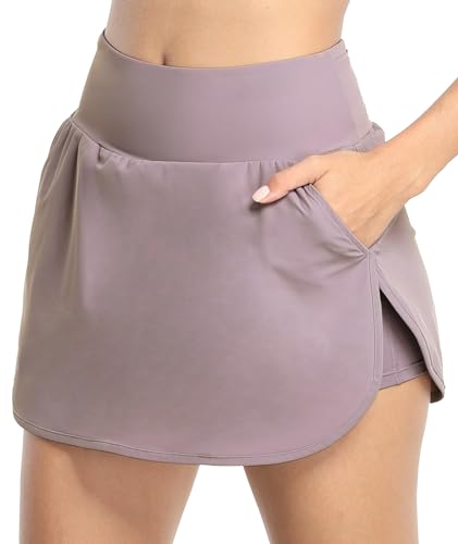 icyzone Damen Tennisröcke Hohe Taille Sport Skort mit Taschen für Laufen Tennis Golf Casual (Purple Ash, M) von icyzone