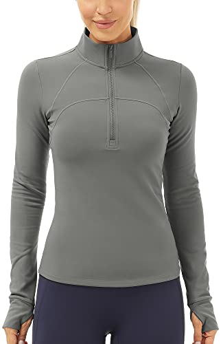 icyzone Damen Thermo Laufshirt Fleece Sportshirt Langarm, 1/2 Reißverschluss Fitness Yoga Langarmshirts (L, Holzkohle) von icyzone