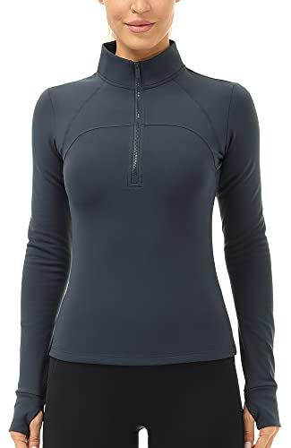 icyzone Damen Thermo Laufshirt Fleece Sportshirt Langarm, 1/2 Reißverschluss Fitness Yoga Langarmshirts (M, Echte Navy) von icyzone