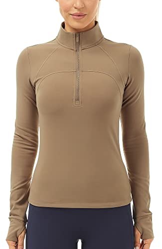 icyzone Damen Thermo Laufshirt Fleece Sportshirt Langarm, 1/2 Reißverschluss Fitness Yoga Langarmshirts (S, Kakao) von icyzone