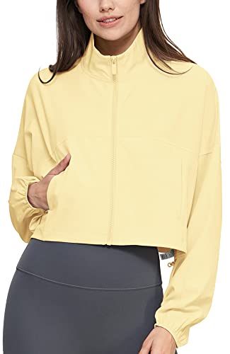 icyzone Damen UPF 50+ UV Sonnenschutz Cropped Jacke, Leichte Laufjacke Sport Jacke Voll Reißverschluss Loose Fit (Creamy Yellow, S) von icyzone