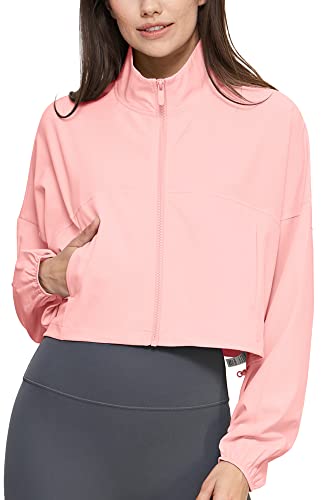 icyzone Damen UPF 50+ UV Sonnenschutz Cropped Jacke, Leichte Laufjacke Sport Jacke Voll Reißverschluss Loose Fit (Pink, M) von icyzone