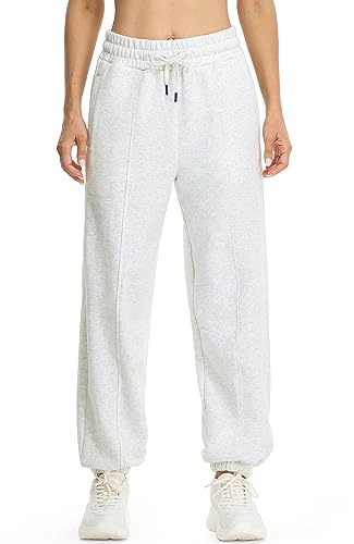 icyzone Damen Warme Jogginghose Hohe Taille Gefüttert Fleece Thermo Hose Baggy Winter Sporthose Sweathose mit Taschen (Light Grey, L) von icyzone