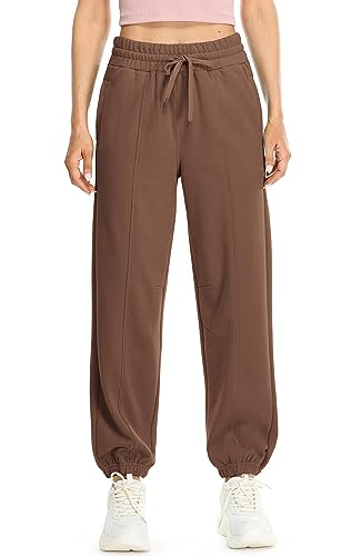 icyzone Damen Warme Jogginghose Hohe Taille Gefüttert Fleece Thermo Hose Baggy Winter Sporthose Sweathose mit Taschen (Reddish Brown, L) von icyzone