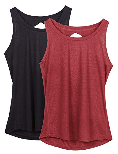 icyzone Damen Sport Top Rückenfrei Fitness Yoga Tank Top Leichte Ärmellos Sommer Casual Shirts, 2er Pack (M, Schwarz/Weinrot) von icyzone