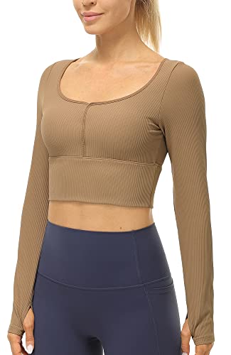 icyzone Damen Yoga Crop Top Langarm Sport Shirt mit Integriertem BH, Fitness Bauchfrei Oberteil Langarmshirt (Cacao, L) von icyzone