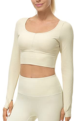 icyzone Damen Yoga Crop Top Langarm Sport Shirt mit Integriertem BH, Fitness Bauchfrei Oberteil Langarmshirt (Cream White, L) von icyzone