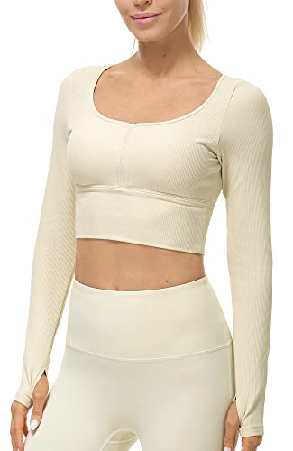 icyzone Damen Yoga Crop Top Langarm Sport Shirt mit Integriertem BH, Fitness Bauchfrei Oberteil Langarmshirt (Cream White, S) von icyzone