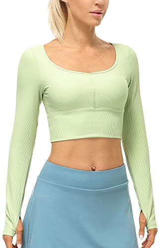 icyzone Damen Yoga Crop Top Langarm Sport Shirt mit Integriertem BH, Fitness Bauchfrei Oberteil Langarmshirt (Pastel Green, S) von icyzone