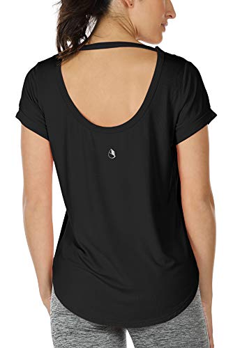 icyzone Damen Yoga T-Shirt Rückenfrei Sport Freizeit Tops Kurzarm Oberteile Loose Casual V-Ausschnitt Shirt (S, Schwarz) von icyzone