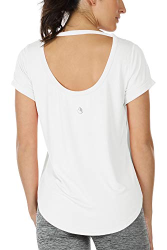 icyzone Damen Yoga T-Shirt Rückenfrei Sport Freizeit Tops Kurzarm Oberteile Loose Casual V-Ausschnitt Shirt (XL, Weiß) von icyzone