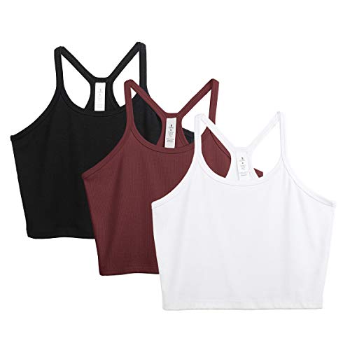 icyzone Damen Bauchfreies Gerippt Tank Top Yoga Crop Top Sommer Camisole Shirts 3er Pack (XL, Black/White/Wine) von icyzone
